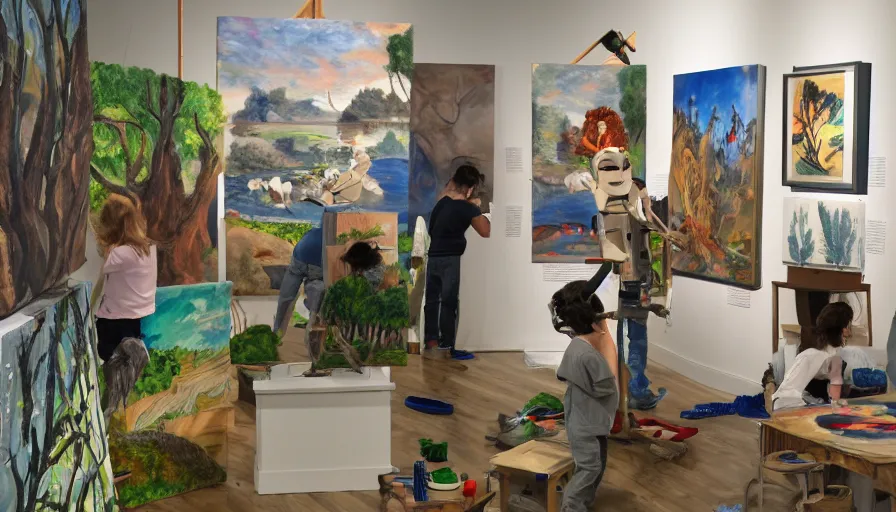 Prompt: art gallery full of humanoid robots painting nature scenes on canvases