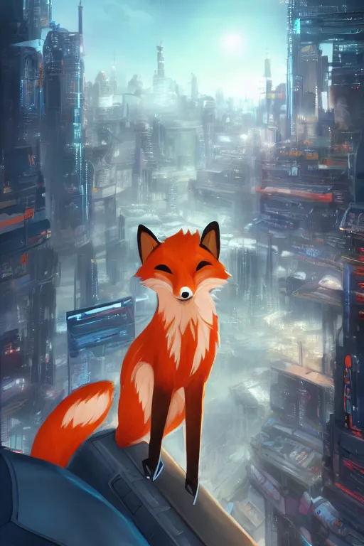 Image similar to an anthropomorphic fox with a fluffy tail staring over a futuristic city from the top of a roof, comic art, trending on furaffinity, cyberpunk, backlighting, cartoon