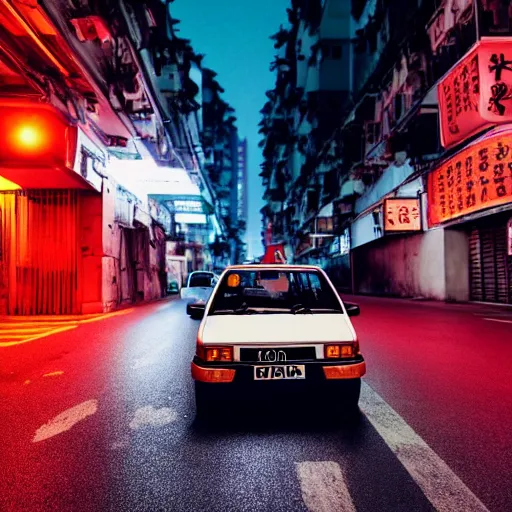 Image similar to a car vaz 2101 with blood vinyl in the middle of a road on the night Hong Kong china town, blue color grading, cinematic color grading , unreal 5, hyperrealistic, realistic, photorealistic, dynamic lighting, highly detailed, cinematic landscape, studio landscape, studio lighting