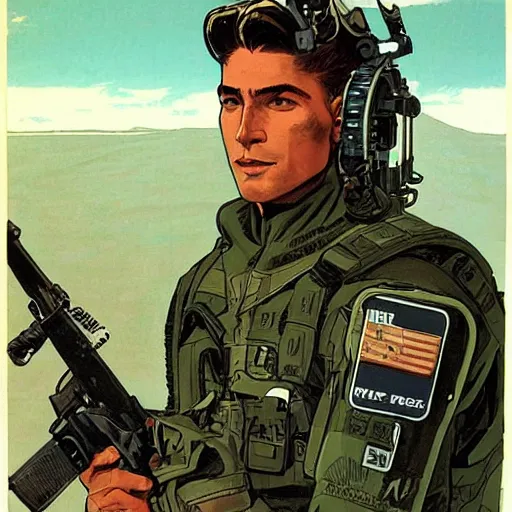 Image similar to Hector. Handsome USN special forces recon operator in near future gear, cybernetic enhancment, on patrol in the Australian neutral zone, 22 years after the Helvetica Event. 2087. Concept art by James Gurney and Alphonso Mucha