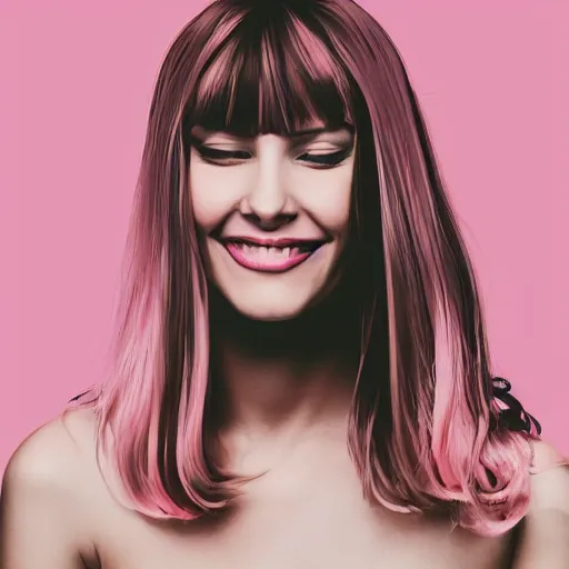 Prompt: digital art portrait of a happy woman with bangs and blonde hair wearing a pink dress