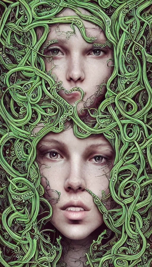 Image similar to very detailed portrait of a 2 0 years old girl surrounded by tentacles, the youg woman visage is blooming from fractal and vines, by android jones,