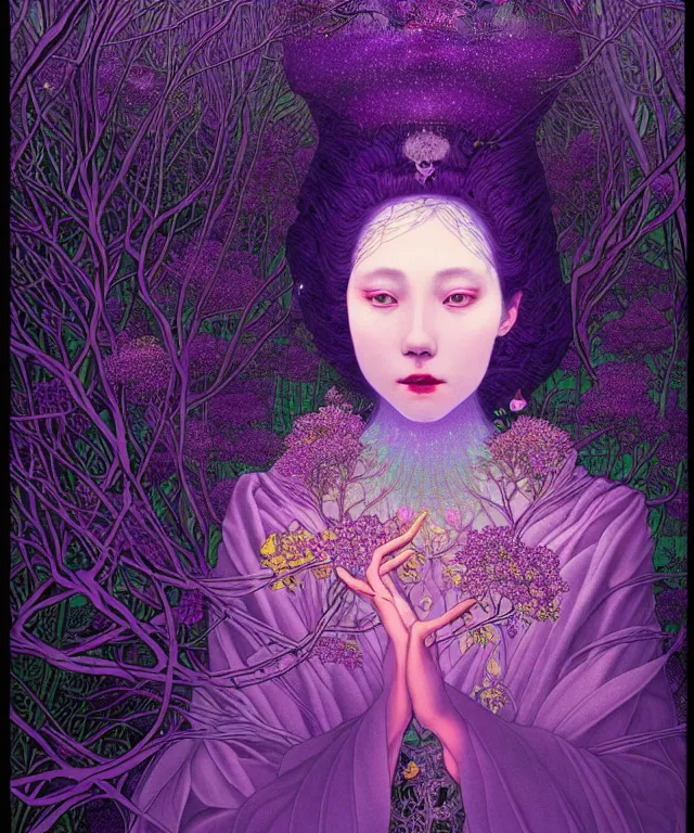 Image similar to ultra detailed, magical realism, portrait painting, of the beautiful empress within the enchanted purple forest, glowing purple, volumetric lighting, illusion, intricate details, by victo ngai
