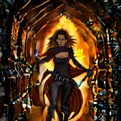 Prompt: kate beckinsale as dnd thief hold torch and sneaking through the dungeon full of death traps, carved floor, ceiling hides in the dark, full darkness, fantasy digital art, watercolor