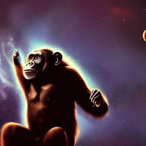 Image similar to a chimpanzee floating through outer space reaching out and touching nebula with it's finger, digital art, concept art, DeviantArt, art station illustration highly detailed artwork cinematic hyper realistic