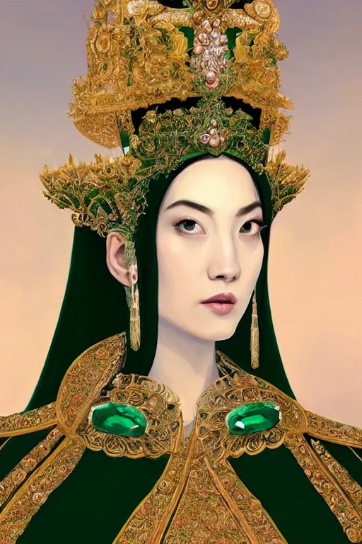 Image similar to a beautiful empress photo portrait, with a brilliant, impossible striking shiny big emerald headpiece, white and emerald robes, symmetrical, rococo, baroque, jewels, asian, realistic, closeup, D&D, fantasy, intricate, elegant, highly detailed, digital painting, artstation, octane render, 8k, concept art, matte, sharp focus, illustration, art by Artgerm and Greg Rutkowski and Alphonse Mucha