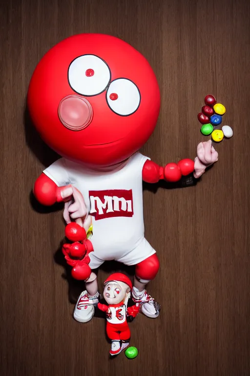 Image similar to a single red m & m candy with white arms and legs, a red sphere wearing a white baseball cap, eminem as the red m character standing on a floor covered with m & m candies, m & m candy dispenser!!!, m & m plush, unreal engine, studio lighting, unreal engine, volumetric lighting, artstation, professional food photography