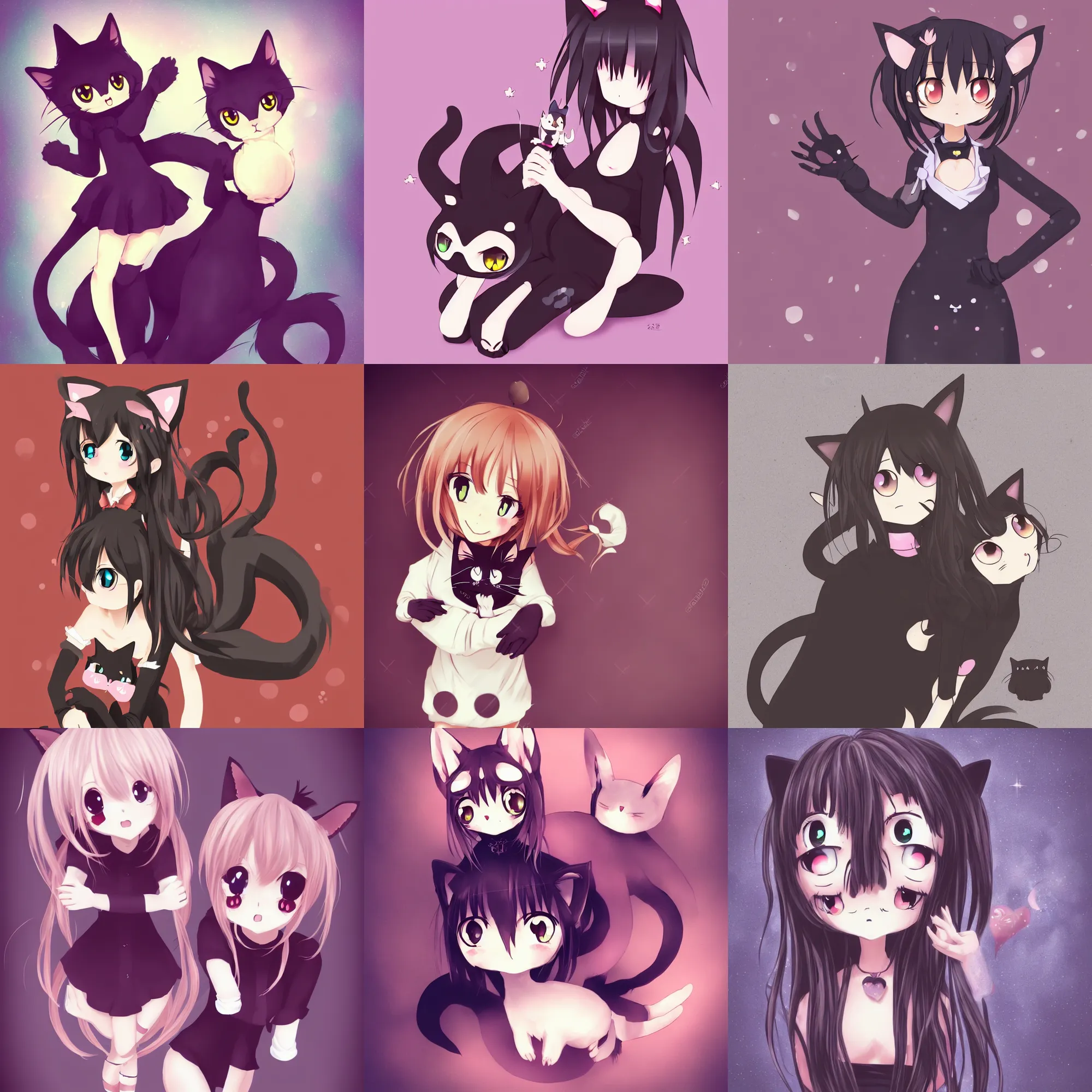 Prompt: cute, full body, female, anime style, a salem cat girl, large eyes, cat hands, beautiful lighting, sharp focus, simple background, creative