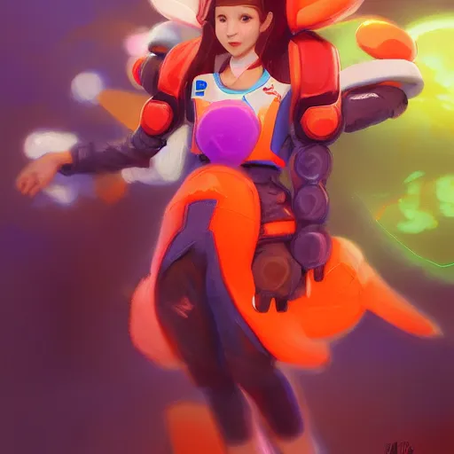 Image similar to magic mushroom, d. va from overwatch wearing orange puffy bomber jacket, craig mullins style