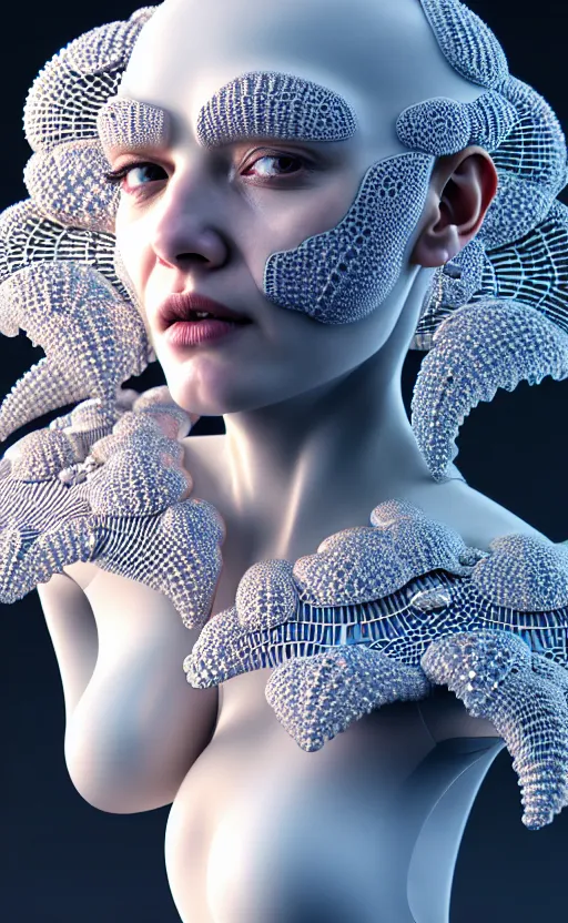 Image similar to intricate hyper detailed ultra sharp natural bright light 3 d render of a beautiful smooth porcelain fascinating cyborg woman portrait, medium shot portrait, alexandre ferra mecha, cyberpunk art nouveau haute couture huge fractal white silver gold mycelum and crystal pore fungi head ornaments, big embroidered leaves filigree spreaded roots, octane render, volumetric cinematic lighting, 8 k, vray tracing