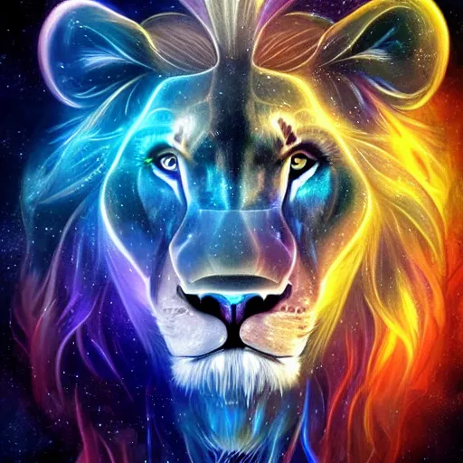 Image similar to geometric lion with galaxy eyes in space, nebula in the background, intricate, elegant, highly detailed, digital painting, artstation, concept art, smooth, sharp focus, illustration, art by artgerm