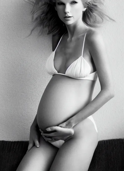 Prompt: cinematic photography of pregnant taylor swift in a white bikini, intricate, elegant, highly detailed, smooth, sharp focus, symmetrical face, fine details, masterpiece, trending on artstation, 4 k hdr 3 5 mm photography