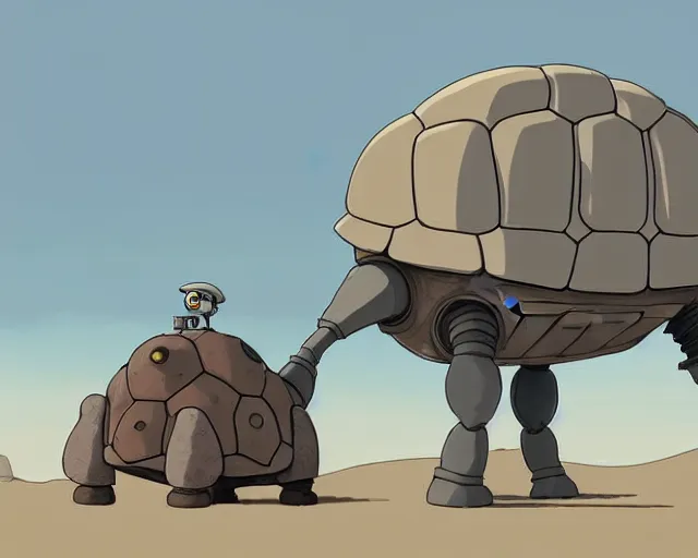 Image similar to a study of cell shaded cartoon of a grey mechanized turtle from howl's moving castle ( 2 0 0 4 ) on a desert road, full body, wide shot, muted colors, post grunge, studio ghibli, laurie greasley, highly detailed, deviantart, art by artgem