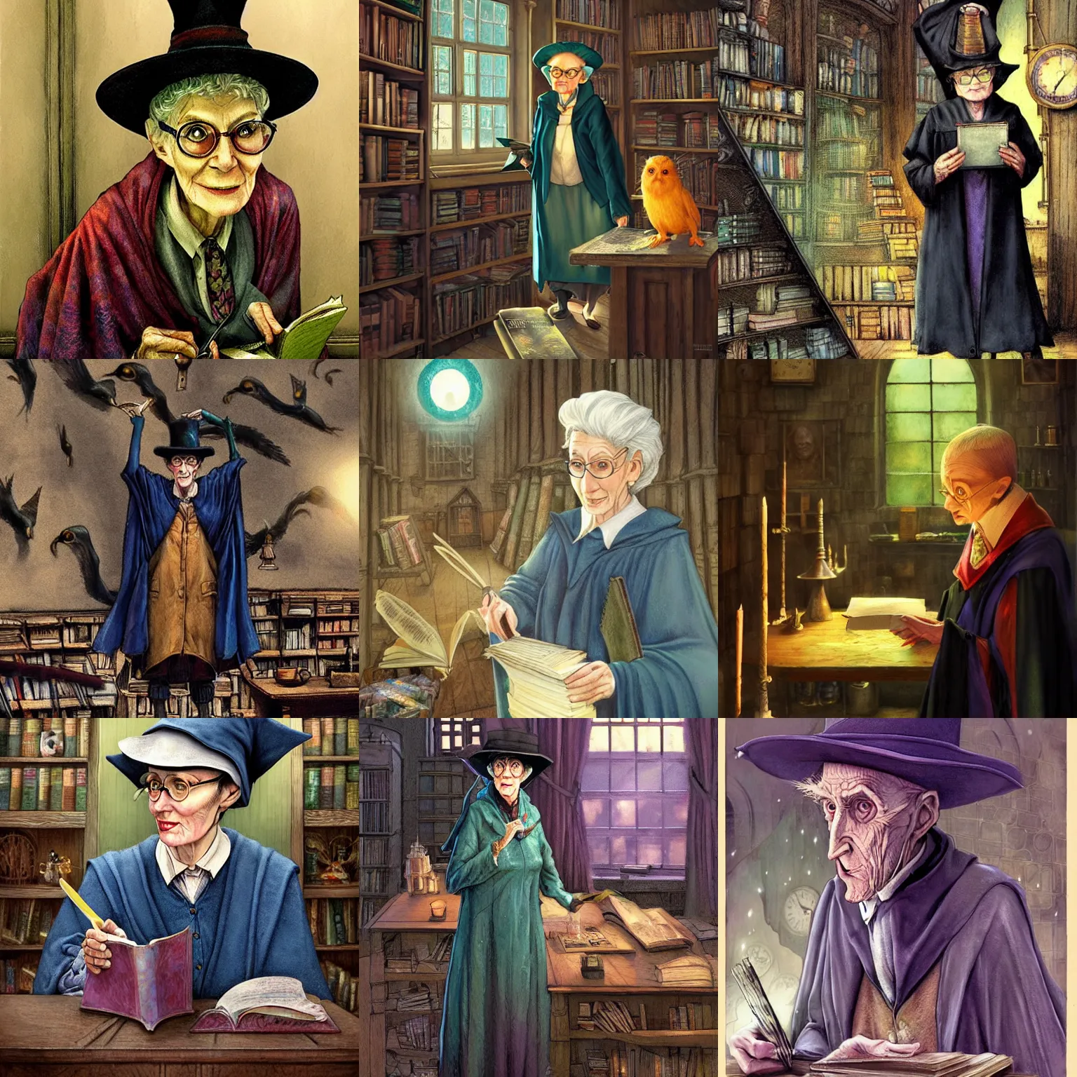 Image similar to Granny Weatherwax as a rigorous professor in Hogwarts School of Witchcraft and Wizardry, detailed, hyperrealistic, colorful, cinematic lighting, digital art by Paul Kidby and Jim Kay