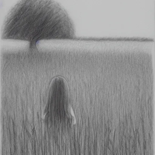 Image similar to pencil sketch of girl standing in field, peaceful, calm, serene