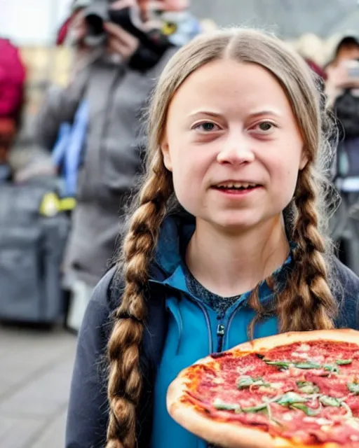 Prompt: film still close - up shot of greta thunberg giving a speech in a train station eating pizza, smiling, the sun is shining. newspapers falling from sky photographic, photography