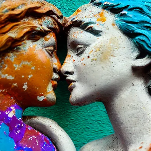 Image similar to close - up of two greek statue women kissing each other, they are covered in splattered acrylic paint