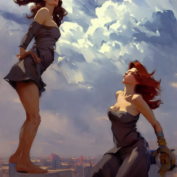 Image similar to greg manchess painting of giganta, cityscape, calm, fantasy character portrait, dynamic pose, above view, thunder clouds in the sky, artwork by jeremy lipkin and giuseppe dangelico pino and michael garmash and rob rey and greg manchess and huang guangjian and makoto shinkai, very coherent artwork, sharp edges, perfect face, simple form, 1 0 0 mm