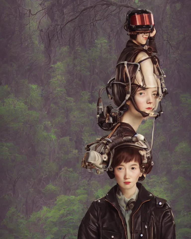 Image similar to highly detailed portrait of androgynous girl wearing bakelite leather jacket, bakelite rocky mountains, japanese haunted forest, by hsiao - ron cheng and artgerm, modular synthesizer helmet backpack, the grand budapest hotel, glow, no crop, digital art, artstation, pop art