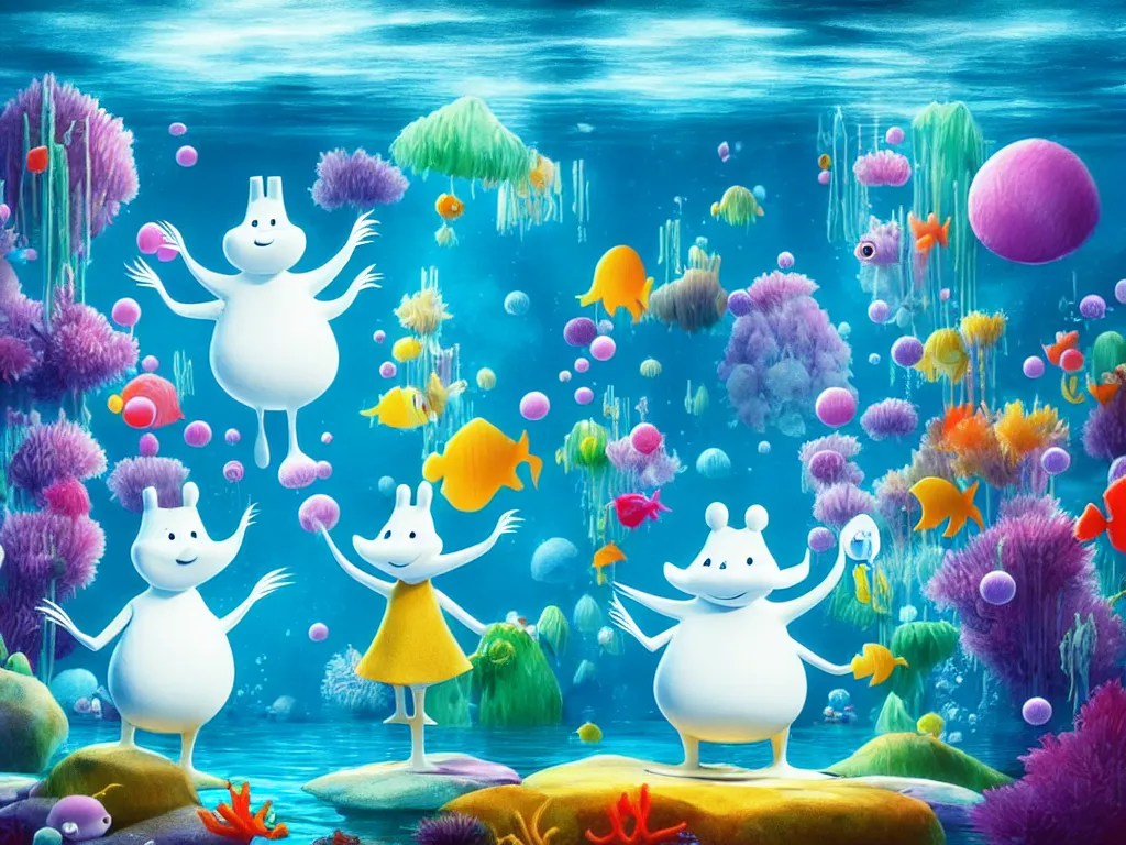 Image similar to underwater moomins discovering the water planet looking at many colorful fishes in the background, photorealistic painting, cgi, low volumetric light, movie still, very cute and cozy and fluffy and sweet