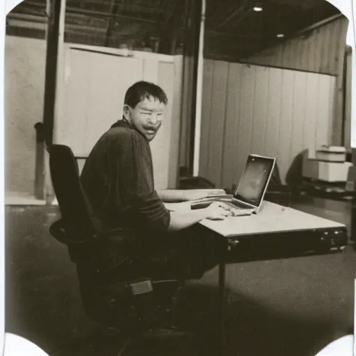 Image similar to a polaroid photo of man using a laptop inside in warehouse, he sitting on chair and small table, photo from behind