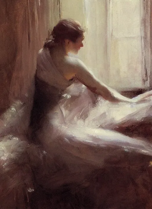 Image similar to beautiful portrait painting of an elegant victorian woman posing in an artistic pose over a bed, by jeremy mann, only one head single portrait