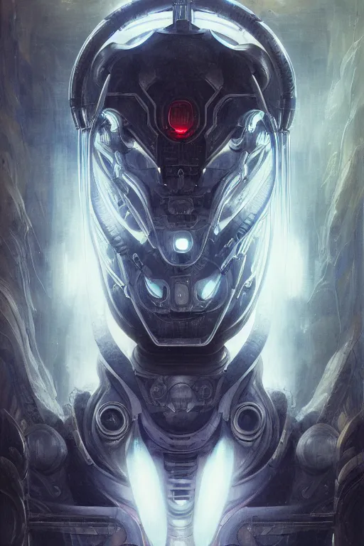 Image similar to detailed portrait of an organic scifi gadget, asura from chinese myth, ghost, mecha, symmetrical. sci - fi, tech wear, exterior, organic ornaments, brutal archi, bouguereau, minoru nomata