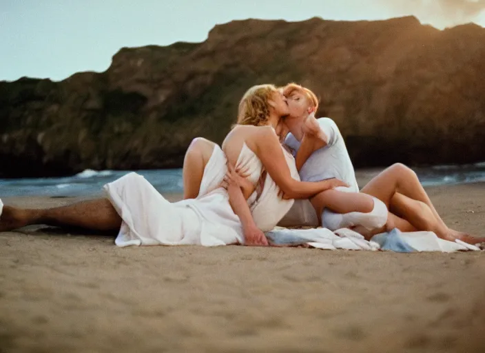 Prompt: A film photography of a couple kissing from movie Here to Eternity, laying on secluded beach. by William Egglestone. Cinematic. Golden Hour. Kodak Portra 400. Lens flare. 50mm lens