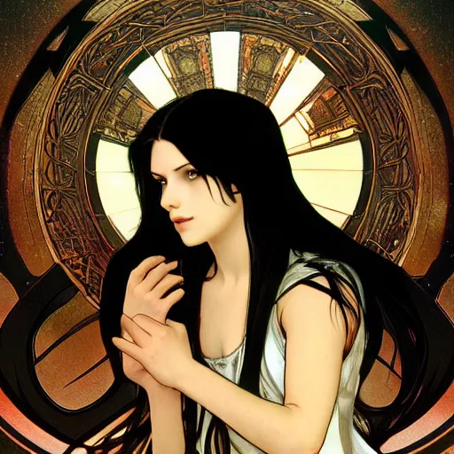 Image similar to photo of lonely young girl with straight long black hair wearing black dress that sitting on bathroom floor, render by artgem and alphonse mucha for capcom co, resident evil