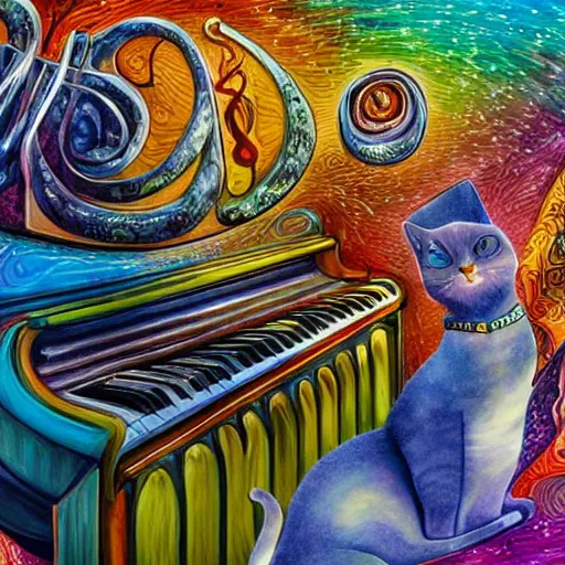 Image similar to british shorthair cat sitting on surreal curved piano keys, surrounded by musical notes, colorful detailed painting in the style of josephine wall 4 k