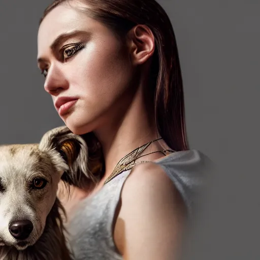 Image similar to ultra mega super hyper realistic Full lenght view contemporary art photography of highly detailed woman with highly detailed face walking with a highly detailed dog . Photo on Leica Q2 Camera lens angle 200mm, Rendered in VRAY and DaVinci Resolve and MAXWELL and LUMION 3D, Volumetric natural light