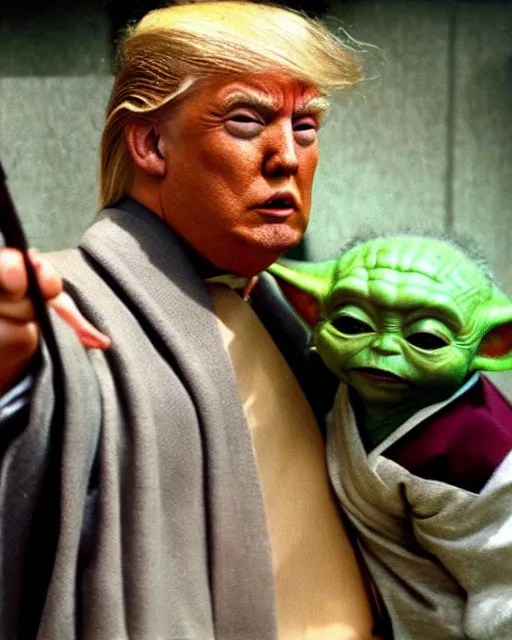 Image similar to Donald Trump as Ogami Ittō in Lone Wolf and Cub and Baby Yoda as Daigorō, photorealistic, Cinematic, Japanese