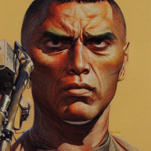 Image similar to detailed details photorealistic kawachi tesshou from the front of armament in the style of bob peak and alex ross, gouache and wash paints color, detailed details facial and body and human and environments and proportionate, detailed 5 k details.