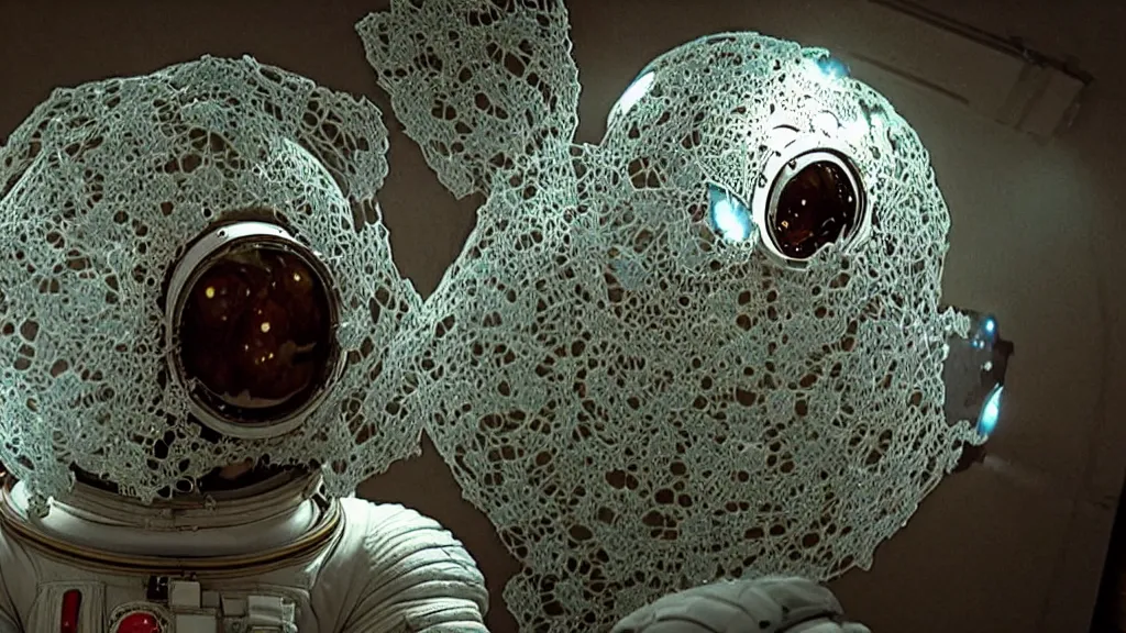 Image similar to a astronaut eva suit covered in diamond 3d fractal lace iridescent bubble 3d skin and covered with insectoid compound eye camera lenses floats through the living room, film still from the movie directed by Denis Villeneuve with art direction by Salvador Dalí, wide lens,