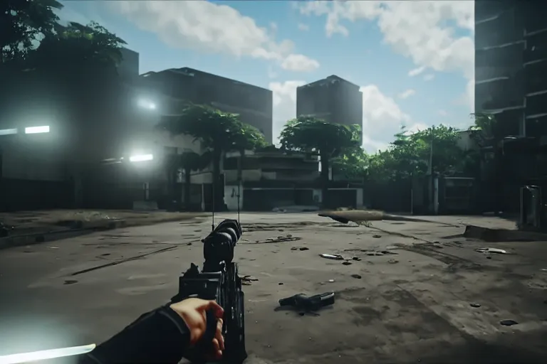 Prompt: a first person shooter game trailer on sao paulo, cinematic lightning, ray tracing, unreal engine 5, photorealistic