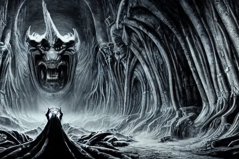 Prompt: a balrog lurking in moria, style of h. r. giger, many columns, mines of moria from the lord of the rings in the style of h. r. giger, directed by ridley scott, dark, cinematic, highly detailed, very realistic, photorealistic, filmed, cinemascope