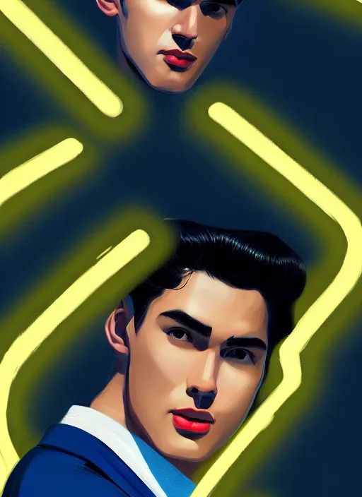 Image similar to portrait of young reggie mantle, mean smirk, egotistical, slicked back hair, striped yellow and black sweater, 1 9 5 0 s, intricate, elegant, glowing lights, highly detailed, digital painting, artstation, concept art, smooth, sharp focus, illustration, art by wlop, mars ravelo and greg rutkowski