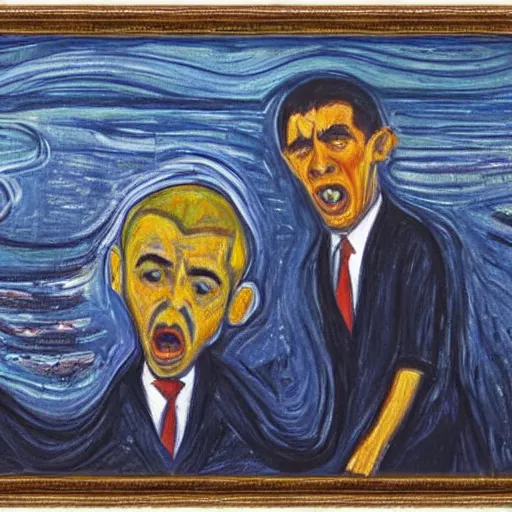 Image similar to obama and harry potter together shouting in unison on the scream edvard munch's painting, style of monet, museum masterpiece, worth a lot, sothebys