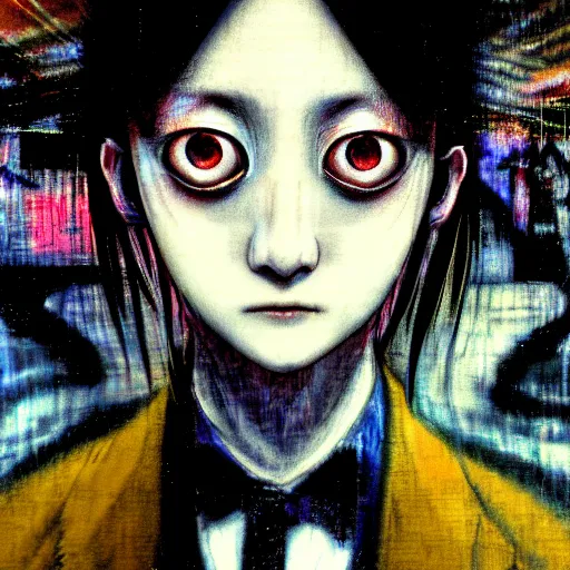 Image similar to yoshitaka amano blurred and dreamy three quarter angle oil portrait of a young woman with white hair and black eyes wearing dress suit with tie, playstation 2 horror game, junji ito abstract patterns in the background, satoshi kon anime, chungking express color palette, noisy film grain effect, highly detailed, renaissance oil painting, weird portrait angle, blurred lost edges