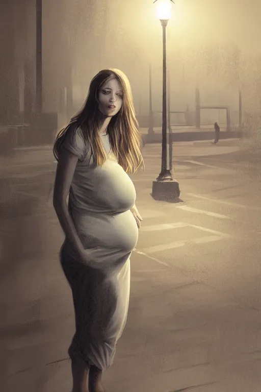 Prompt: pregnant woman under street light, highly detailed, sharp focused, ultra realistic digital concept art by Nikolai Shurygin