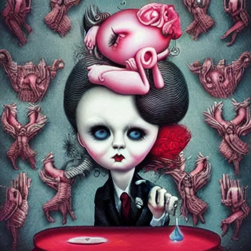 Image similar to 😄🎼🎹🎵, lowbrow surrealistic, in the style of Mark Ryden,