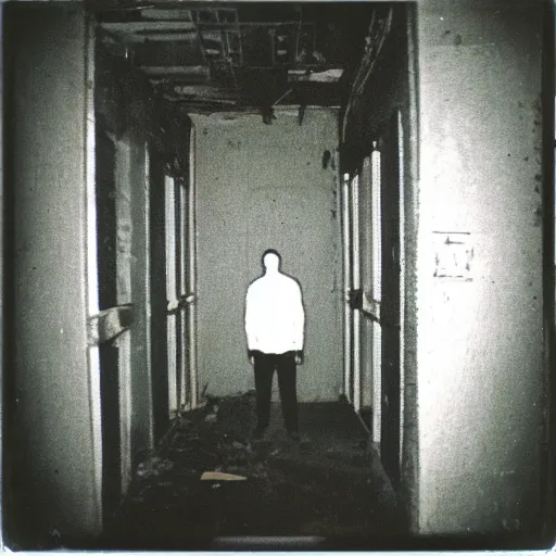Image similar to a tall dark shadowy figure with eyes standing in the corner of the basement of an industrial building, abandoned, creepy, grainy, eerie, terrifying, horrorifiying, old polaroid, expired film,