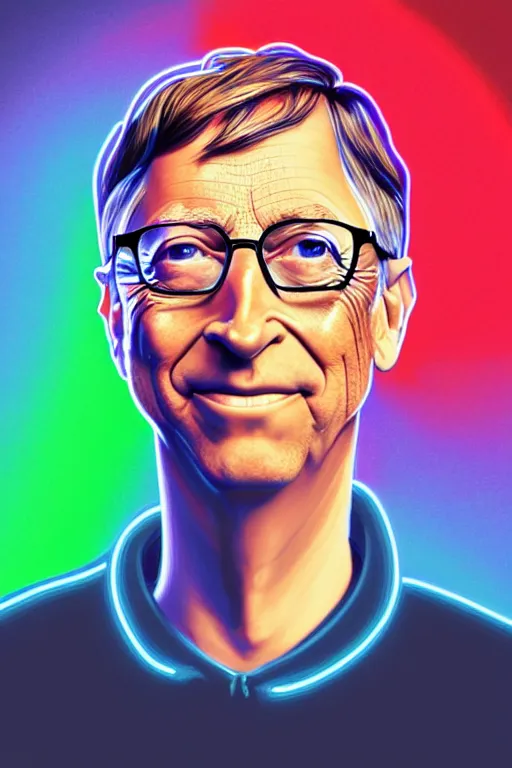 Image similar to a award winning half body portrait of a bill gates with stunning eyes in a croptop and cargo pants with rainbow colored hair, outlined by whirling illuminated neon lines and fine lines swirling in circles by jesper ejsing and rhads and makoto and shinkai and lois van baarle, digital art, trending on artstation