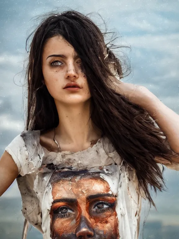 Prompt: hyperdetailed photo of a beautiful italian girl, brown eyes, dark hair, painting on face, skin, winds of winter, with plain ripped crop t - shirt, fine - face, pretty face