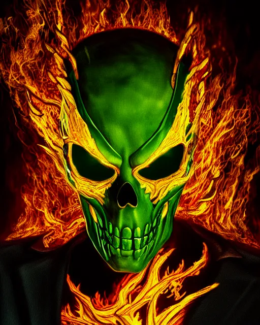 Image similar to green fiery eyes spawn - ghost rider - hybrid, supervillains, intricate artwork, concept art, eyes octane render, deviant art, cinematic, key art, hyperrealism, iridescent accents, portrait photograph, in hell, nikon 3 5 mm, photograph by greg