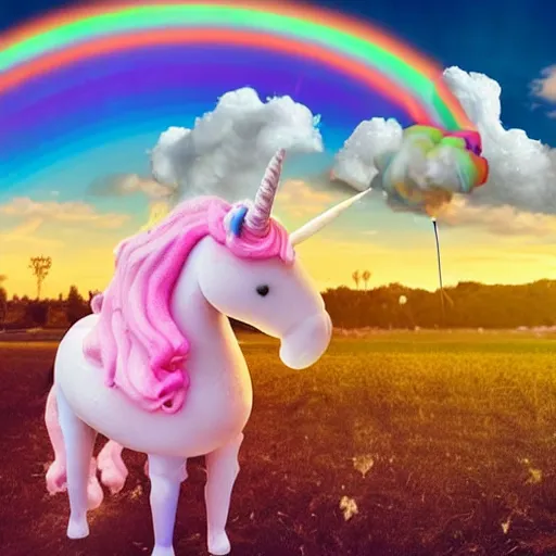 Image similar to in a giant field made of cotton candy with grazing unicorn, a marshmallow shaped as a housed with a whipped cream as roof and candies as windows and lollipop as chimney, very colorful rainbow effect, saturated color, kid dream, warm,delicious, sweet