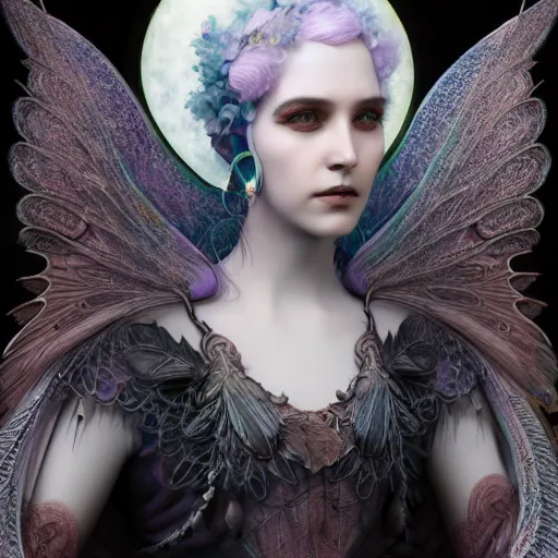 Prompt: tom bagshaw, soft painting fractal curiosities fairy carnival, single beautiful female facing camera huge wings in full nightshade gothic armor, accurate features, focus, very intricate ultrafine details, black white purple volumetric clouds, award winning masterpiece, octane render 8 k hd