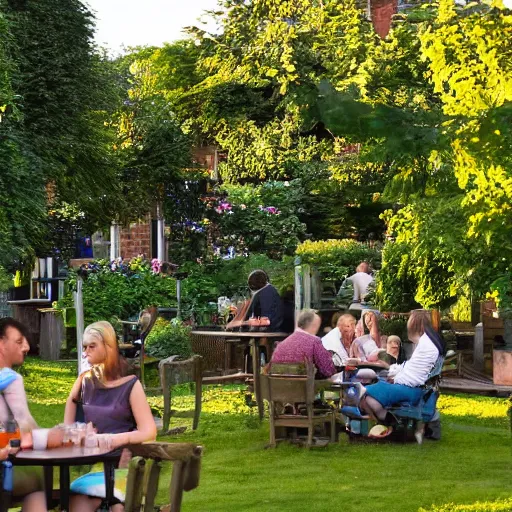 Image similar to an english pub garden at golden hour, people are drinking pints of lager and smoking cigarettes