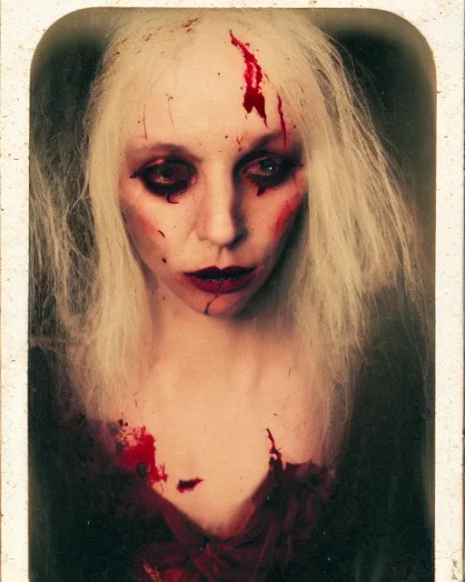 Prompt: an instant photo of a beautiful but sinister woman in layers of fear, with haunted eyes and blue hair, 1 9 7 0 s, seventies, delicate embellishments, a little blood, crimson, painterly, offset printing technique, mary jane ansell