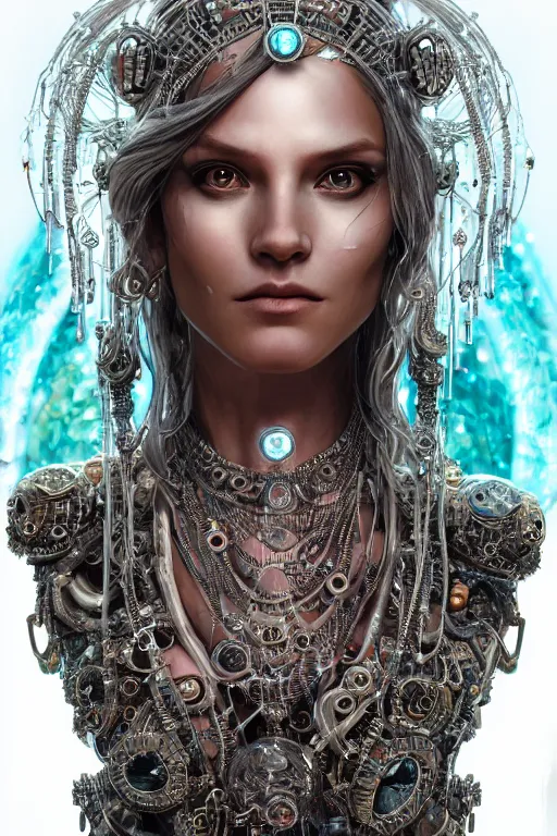 Image similar to a centered render of an alluring wild post apocalyptic cyborg goddess with wearing ornate silver and gemstones and crystal clothing surrounded by flowing liquid gallium jellyfish and sacred geometry, perfect body and face, gorgeous, cinematic, beautifully lit, by artgerm, by karol bak, by donato giancola, 3 d, trending on artstation, octane render, 8 k